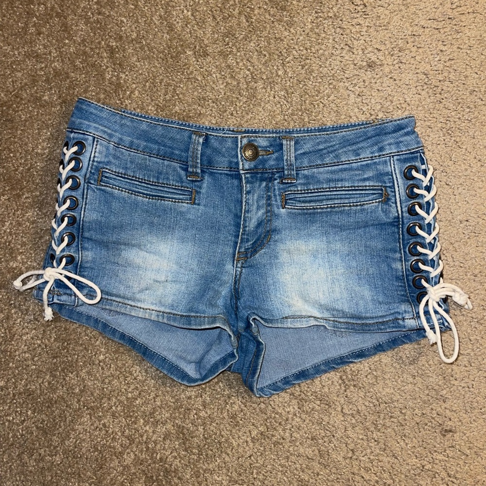 Blue Asphalt Blue Denim Laced Up Jean Shorts